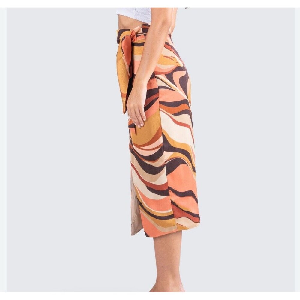 Finesse Women's Coen Abstract‎ Print Silky Asymmetrical Faux Wrap Skirt  Size M